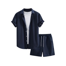 GORGLITTER Men's 2 Piece Outfits Waffle Knit Button Down Shirt Top and Shorts Set Dark Blue XX-Large