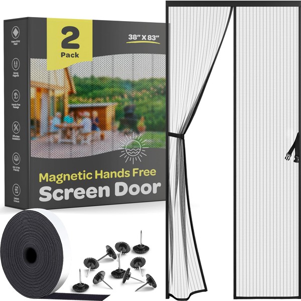 Hands-Free Magnetic Screen Door, [2 Pack] Heavy Duty, Self Sealing Screen Door Mesh Protector, Pet/Kid-Friendly, Stay-Open Buckle, Fits Door Size (38" x 83") Keeps Bugs Out While Letting Nature in.