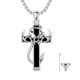 MEIDERBO Cross Urn Necklace for Ashes Fish Hook Cremation Necklace 925 Sterling Silver Deer Antler Cross Memorial Jewelry Cross Keepsake Gifts for Men Father Husband(Black Bottom)