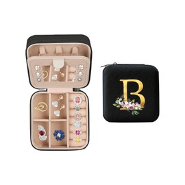 My Daily Travel Jewelry Case - Small Jewelry Box for Women Girls Gift Organizer Leather Jewelry Holder Boxes with Mirror, Black, Initial B