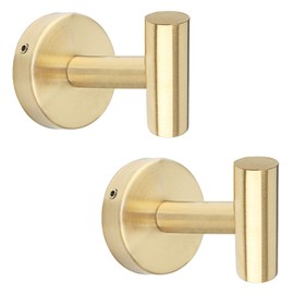 QNIIAED 2 Pcs Bathroom Towel Hook, Screw in Metal Coat Hook Brushed Robe Hook SUS 304 Stainless Steel Heavy Duty Door Hanger Towel Robe Clothes Closet Sponges Hook for Bathroom Hotel(Brass Gold)