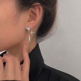 TseenYi Punk Star Water Drop Pendant Stud Earrings Crystal Rhinestone Cross Earrings Jewelry for Women and Girls Valentine's Day Christmas Festival Gift (Silver)