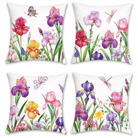 Bonhause Spring Floral Throw Pillow Covers 18 x 18 Inch Set of 4 Narcissus Iris Flower Decorative Throw Pillow Cases Soft Velvet Outdoor Cushion Covers for Sofa Garden Couch Home Decor