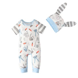 Infant Baby Boys Girls My 1st Easter Romper Cute Bunny Carrot One-piece Jumpsuit Outfit with Hat (Gray Stripes, 3-6 Months)