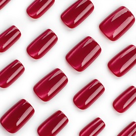 Medium Press on Nails Square Fake Nails with Cat Eye Designs Solid Color Nails Press ons Glossy Glue on Nails Red Acrylic Nails Daily Wear Nature False Nails Artificial Stick on Nails for Women 24Pcs