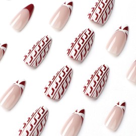 Christmas Short False Nails, 24Pcs Red French Manicure False Nails Press on Nails, Full Cover False Nails White Almond Stick on Nails, Stick on Nails for Women and Girls Nail Art