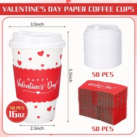 Whaline 50Pcs Valentine Disposable Coffee Cups With Lids And Sleeves Red Mini Love Heart Paper Drinking Cups For Wedding Anniversary Party Supplies