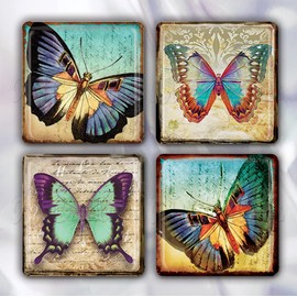 Natural Butterfly Rustic Designs Collection Handmade Square Glass Tile Magnets 30mm (1.18") - Set of 4