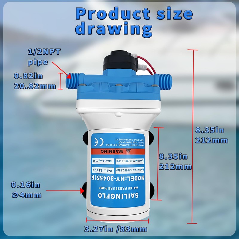 SAILINGFLO 12V DC High Performance Diaphragm Pump – 55PSI/3.8Bar, 3.0GPM,