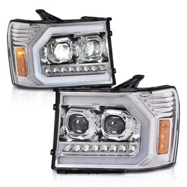 CHEDA LED DRL Tube Projector Headlights Compatible with GMC Sierra 1500 2007-2013/Fit Sierra 2500HD 3500HD 2007-2014, 20980241, 20980242, 22853030 Clear lens Chrome Housing Amber Reflector