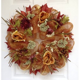 Burgundy and Harvest Gold Floral Handmade Deco Mesh Wreath
