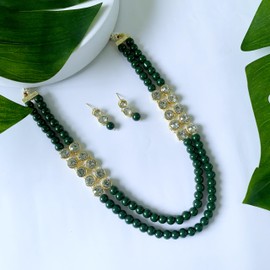 I Jewels Womens 18K Gold Plated Indian Wedding Bollywood Stunning White Stone Studded Layered Pearl Necklace Jewellery Set With Earrings (Ij365G) Free Size Green