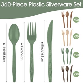 Kochorie 360 Pcs Woodland Plastic Silverware Disposable Flatware Plastic Cutlery Brown Sage Green Forks, Knives and Spoons Set Serving Silverware for Picnic Outdoor Forest Party Supplies