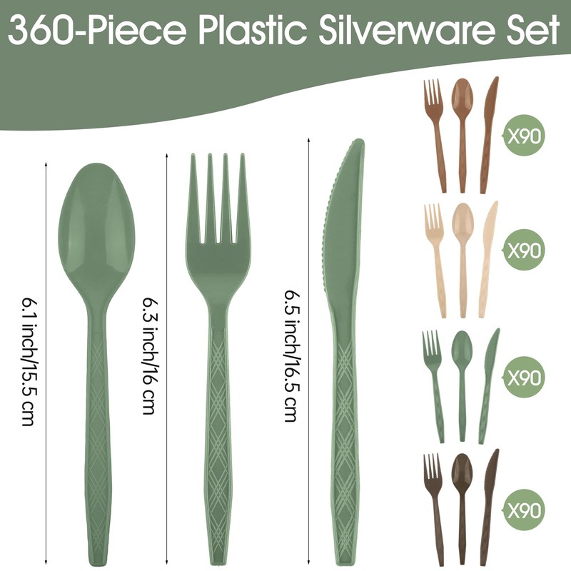 Kochorie 360 Pcs Woodland Plastic Silverware Disposable Flatware Plastic Cutlery