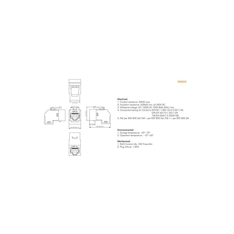 odedo 2x Keystone CAT 6A RJ45 Coupling Angled Network Connector