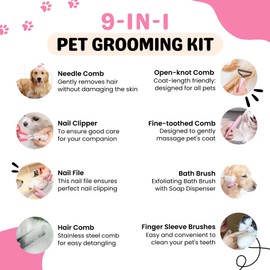 9Pcs Dog Grooming Kit - Self Cleaning Slicker Brush, Flea Comb, Nail Trimmer & Bath Brush - Pet Grooming Tools for Shedding, Trimming & Oral Care - For Dogs & Cats - Pink
