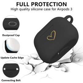 AIIEKZ Compatible with AirPods 3 Case Cover 2021, Soft Silicone Case with Gold Heart Pattern for AirPods 3rd Generation Case with Rhinestone Studded Letter A-Z Keychain (L Black)