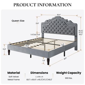 SHA CERLIN Queen Bed Frame with Adjustable Headboard/Velvet Upholstered/Diamond Button Tufted and Metal Studs/No Box Spring Needed/Wooden Slat Support/Easy Assembly/Light Grey