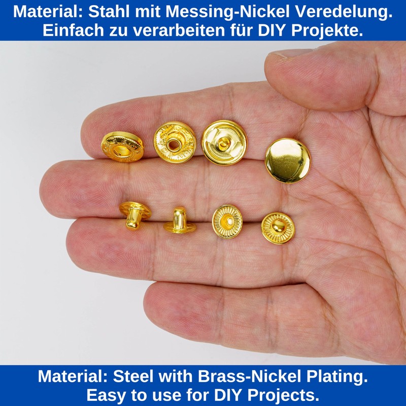 Sew-Free Press Studs, Diameter 12.5 mm, 20 Pairs, in Gold,