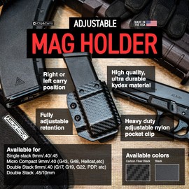 Clip & Carry Reversible IWB/OWB Adjustable Kydex Magazine Holster - Mag Holder - 9mm / .40 / .45 Single & Double Stack - USA Veteran Made (Double Stack 9mm/.40, Carbon Fiber Black)