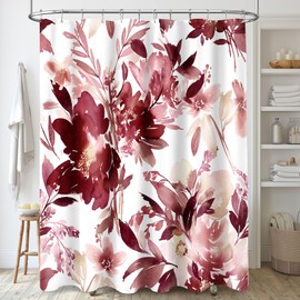 MAYZUS Burgundy Red Floral Shower Curtain 60x72, Watercolor Flower Shower Curtain for Bathroom, Modern Abstract Ink Decorative Fabric Shower Curtain Set with Hooks
