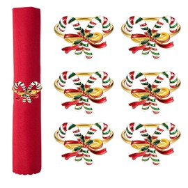 Christmas Napkin Rings Gold,6PCS Bow Bowknot Candy Canes Napkin Holders for Tables,Metal Dinner Napkin Buckle Holder for Christmas Table Decoration Party Thanksgiving Party Holiday Wedding