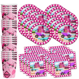 Girl Pink Construction Trucks Birthday Party Supplies Set Plates Napkins Cups Tableware Kit for 16