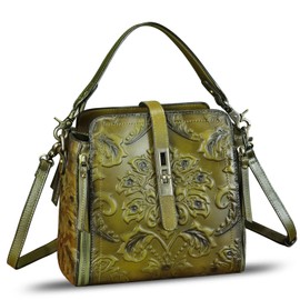 LRTO Genuine Leather Purses and Handbags for Women Retro Embossed Crossbody Shoulder Bag Satchel Pouch (Khaki)