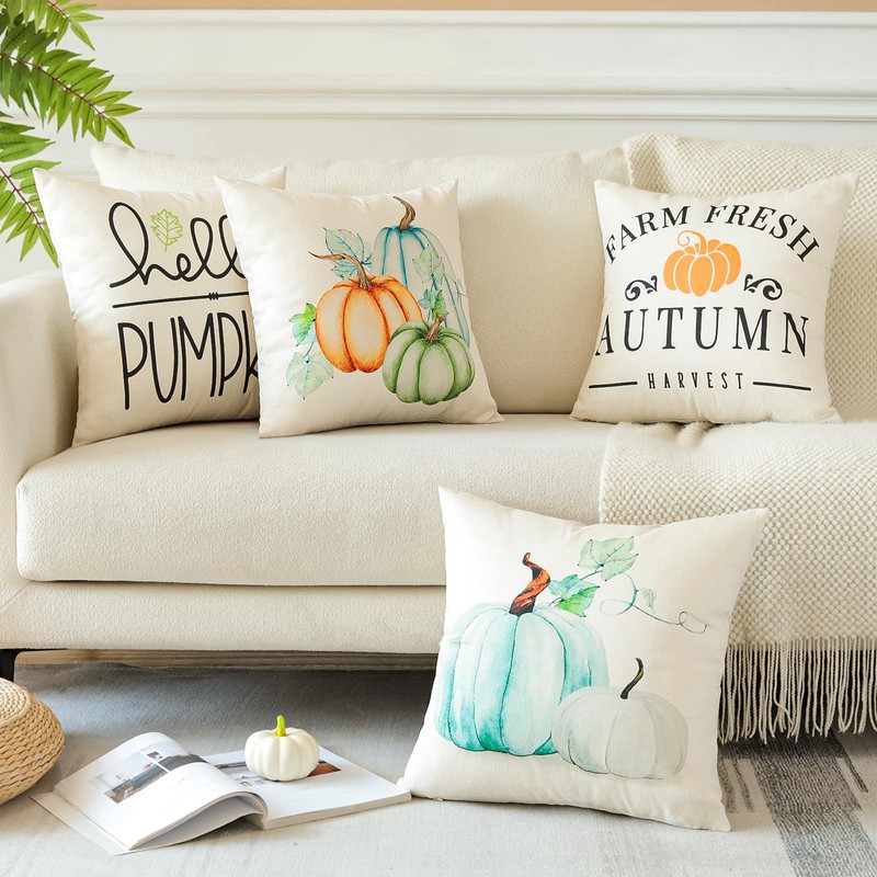 Artscope 4 Stück Kissenbezüge 45x45cm Herbst-Thema Kissenbezug Kürbis Dekokissen Kissenhülle