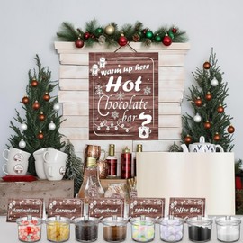 Meanplan 52 Pcs Christmas Hot Chocolate Bar Cocoa Bar Supplies 8 Acrylic Jars with Spoons 1 Hot Cocoa Stand Sign 24 Round Stickers 18 Tent Cards for Xmas Winter Party Supplies(Brown)