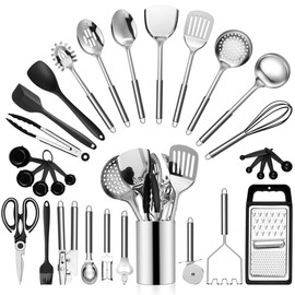 Stainless Steel Cooking Utensils Set, LIANYU 31-Piece Metal Kitchen Tools with Holder, Heat Resistant Kitchen Utensil for Cooking, Non-toxic Kitchenware Include Skimmer Turner Spatula, Dishwasher Safe