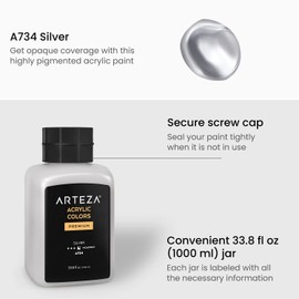 ARTEZA Acrylic Paint, A734 Silver, 33.8 fl oz, 1000ml Jar, Opaque, Quick-Drying, Acrylic Paints for Painting on Canvas, Paper, and Wood