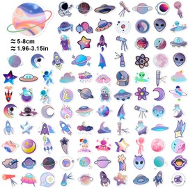 Bewudy 100 Pcs Cartoon Space Stickers Purple Planet Rocket Stars Astronomy Stickers for Kids Boy Girl Water Bottle Skateboard Laptop Stickers Decals