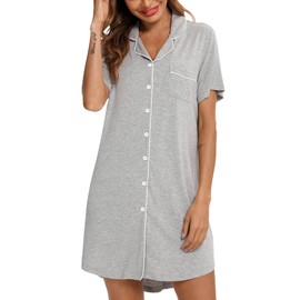 Samring Women's Nightshirt Short Sleeve Button Down Nightgown V-Neck Sleepwear Pajama Sleep Dress Light Grey S