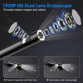 Endoscope with Light, 1920P HD Borescope with 8 Adjustable LED Lights, Semi-Rigid Snake Camera, IP67 Waterproof Inspection Tool for iPhone & Android -