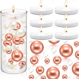 FFUW 200 Pcs Floating Pearls and 6 Pcs Floating Candles NO Hole Pearls for Vases Candles for Centerpieces Home Weddings Table Party Decor(Rosegold)