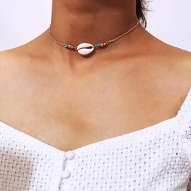 Xduargs Boho Shell Choker Necklace Vintage Seashell Beaded Necklace Colorful Rice Bead Necklace Beach Summer Shell Chain Necklace Jewelry for Women and Girls