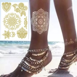 Nirbffo Datura Flower Tattoo Party Body Arm Art Fake Flash Tatoos Gold Metallic Tattoo Sticker Waterproof Temporary Tattoo Sticker Flowers Mandala Rose 6 Sheets