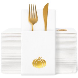 Whaline 100 Pcs Fall Pumpkin Linen Feel Napkins with Built-in Flatware Pocket Gold Foil Pumpkin Disposable Paper Napkins for Thanksgiving Autumn Party Dinner Table Supplies