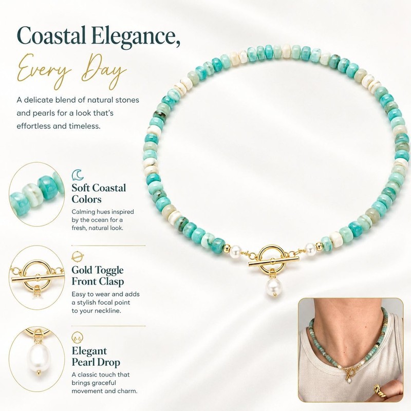Beaded Necklace for Women Turquoise Pearl Necklace Pearl Pendant Gold