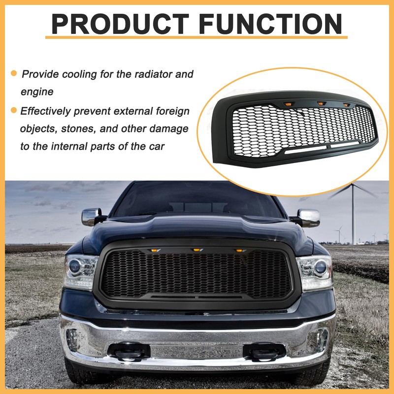 DIBON AUTO Front Honeycomb Grill for Dodge Ram 1500 2013-2018