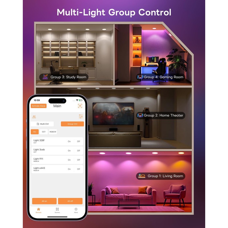 Smart Recessed Lighting 6 Inch, RGBCW Color Changing Canless Recessed