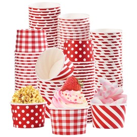 Grencian 120 Pcs Summer Ice Cream Cups 12 oz Disposable Red Buffalo Plaid Paper Dessert Bowl Polka Dot Food Yogurt Cup Containers Red White Stripe Snack Bowls for Soups Candies Picnic Party Supplies