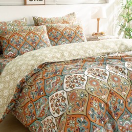 DaDa Bedding Bohemian Duvet Cover w/Pillow Cases - Reversible Coral Teal Floral Paisley Botanical Garden Party - Bright Vibrant Multi-Colorful Blue Salmon Pink - Queen - 3-Pieces