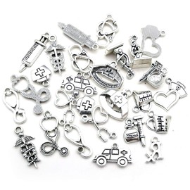 WOCRAFT 70pcs Craft Supplies Antique Silver Medical Nurse Charms Stethoscope Syringe Nurse Cap Hat Charms for Jewelry Making Crafting Findings Accessory for DIY Necklace Bracelet (M297)