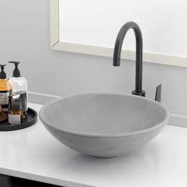 16" Modern Vessel Sink for Bathroom - Small Round Bowl Above Counter - Concrete Light Gray Smooth Surface