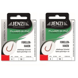 Set: 2 packs of Jenzi tied trout hooks (12 pieces) on fluoro-carbon cord, 50 cm hook size 4, 6, 8, 10 and 12 depending on selection + free Petri Heill! sticker (hook size # 10)