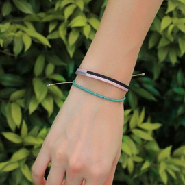 KELITCH Round Beaded Bracelet Handmade Colorful Strand Bracelet Braided Wristband for Women (Green Veins B)