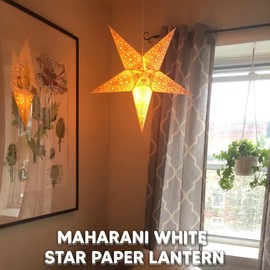 GalaxyArts Paper Star Lanterns, 24 Inch Maharani (White) Light up Hollow Out 5-Point 3D Star Hanging Decoration for Indoor Outdoor Room Wedding Holiday Birthday Party Christmas Celebration Home Decor