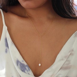 Atentuyi Boho Pearl Lariat Necklace Gold Pearl Drop Necklace Dainty Single Pearl Necklace Wedding Pearl Y Necklace Choker Long Pearl Pendant Necklace Simple Thin Chain Necklace Jewelry for Women